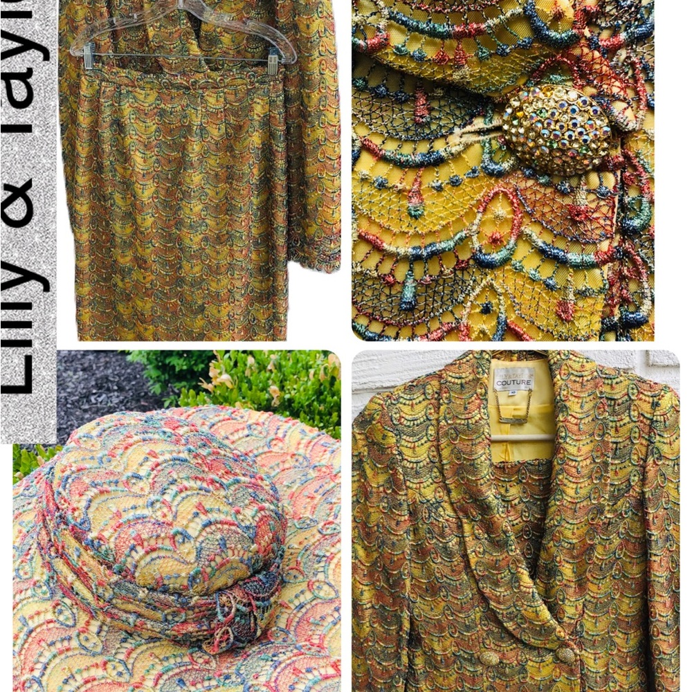 Lilly & Taylor Multicolor Skirt Suit Set Embellished Button Lace Blazer Suit 10